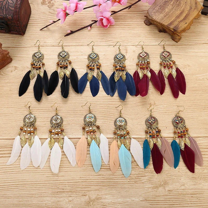 Bohemian Vintage Jewelry For Women 2024 Trendy Carved Leaf Feather Tassel Long Earrings