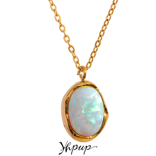 Exquisite Stylish Processed Opal Stone Minimalist Small Chic Pendant Necklace 18k Gold Plated Jewelry