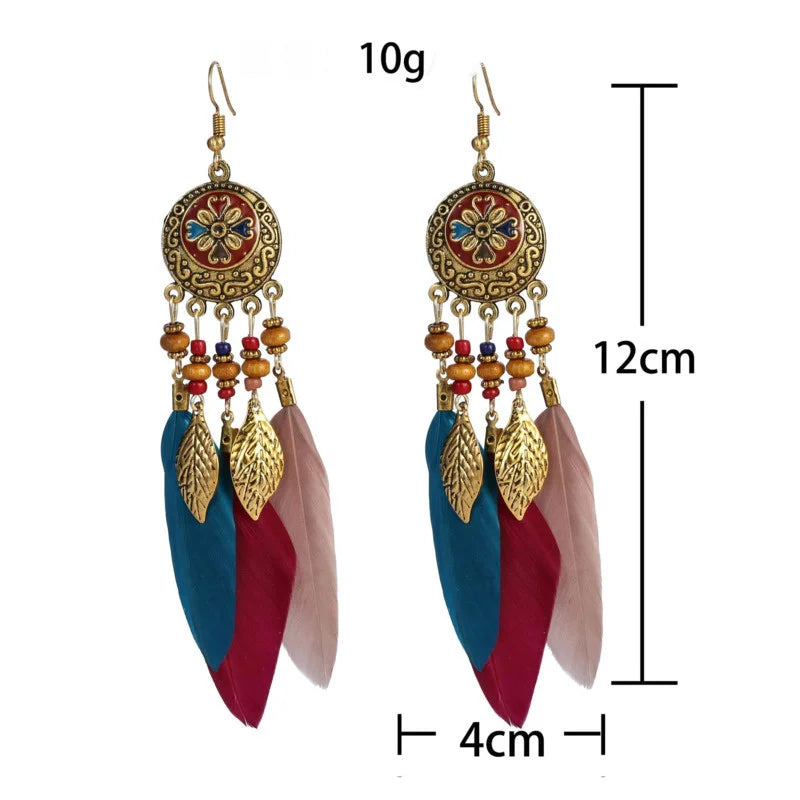 Bohemian Vintage Jewelry For Women 2024 Trendy Carved Leaf Feather Tassel Long Earrings