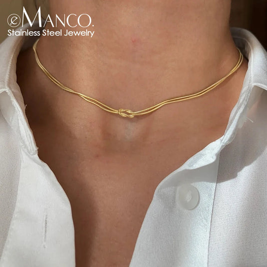 eManco  Elegant Minimalist Jewelry Lusterless 14k Gold Plated Knotted Snake Chain Necklace Women's Stainless Steel Accessories