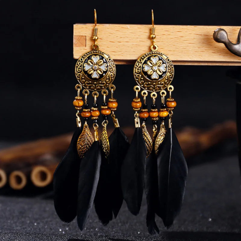 Bohemian Vintage Jewelry For Women 2024 Trendy Carved Leaf Feather Tassel Long Earrings