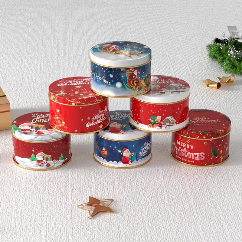 1PC Round Christmas Old Man Candy Tins Decorative Tinplate Box Xmas Candy Cookie Box Packaging Jar Candle Containers Gift