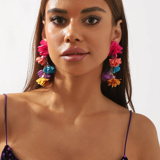 Boho Style Colour Cloth Simulation Flowers Dangle Earrings / Elegant Drop Ear Hoops Fashion Jewellery