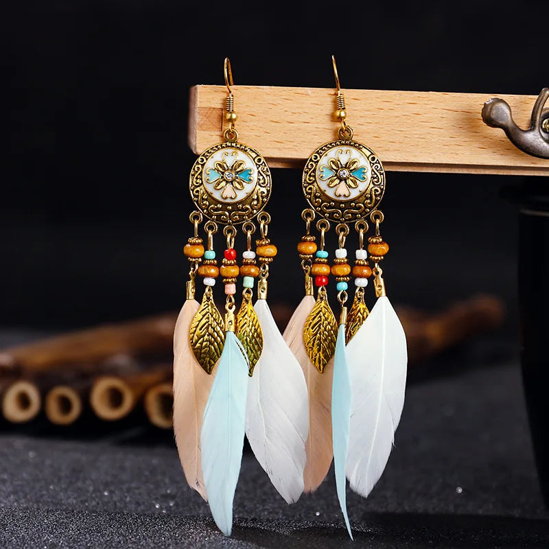 Bohemian Vintage Jewelry For Women 2024 Trendy Carved Leaf Feather Tassel Long Earrings