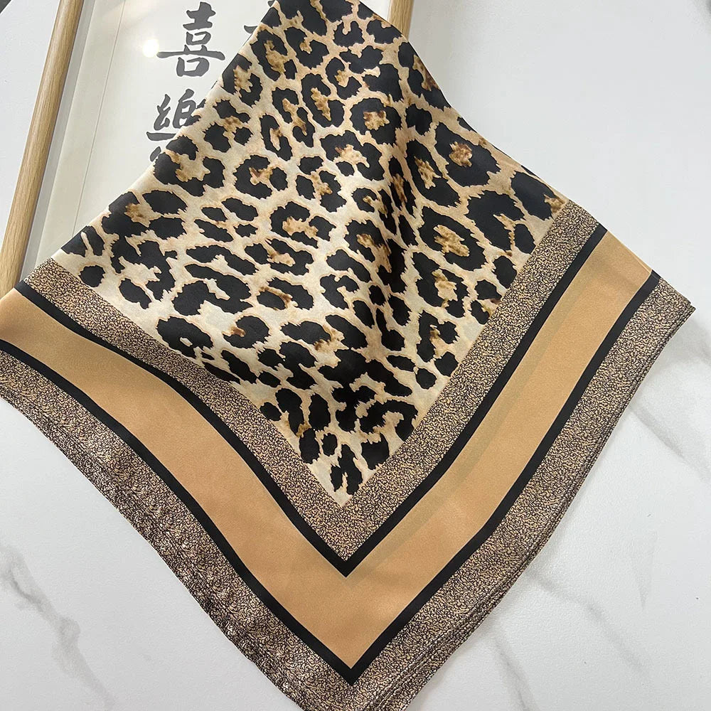 1pcs 70cm Leopard Print Silk Scarf for Women Imitation Silk Light Luxury Versatile Headwear Bag Decoration Clothing Square Scarf